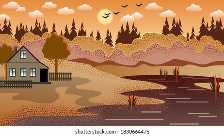 house with a garden and a fence is located on the shore of the lake against the background of hills, forests, sky with the sun, clouds, silhouettes of flying birds. flat design rustic autumn landscape