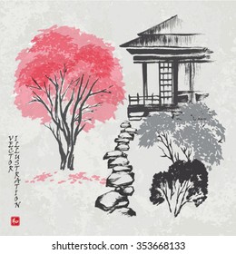 House in a garden with a footpath. Vector illustration. Hieroglyph "harmony".