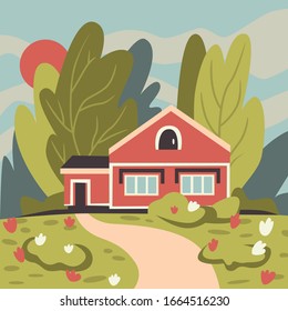 House with garden and forest background. Isolated countryside house scenery. Flat style vector illustration.