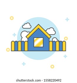 House and Garden with Gardening Tools, Flowers and Trees. Flat Design Style.