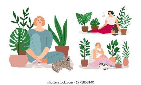 House garden. Girls relax, cats plants in pot and women. Home planting, urban jungle or scandinavian cozy relaxing style, vector set