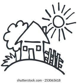 house, garden with grass, tree and pale, sun, landscape, black and white vector illustration