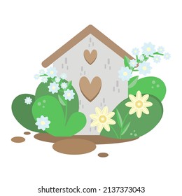 House in the garden for insects and birds, anthill, beehive, village, grass, plant bushes, blue and yellow flowers. Vector illustration in simple flat cartoon style. Green, grey color isolate on white