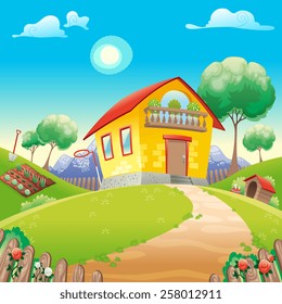 House with garden int the countryside. Vector cartoon illustration