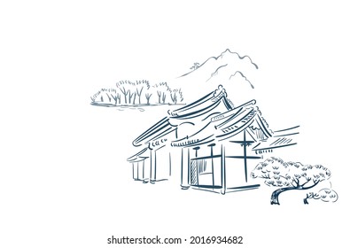 House Garden Japanese Chinese Design Sketch Ink Paint Style Seamless