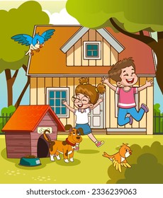 house garden and kids and dog vector