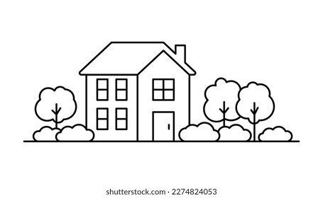 House and garden line art. Building, real estate architecture, apartment. Facade home in country exterior. Vector outline illustration