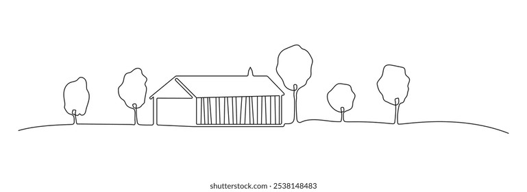 House and garden line art. Building, real estate architecture, apartment. Facade home in country exterior. Vector illustration