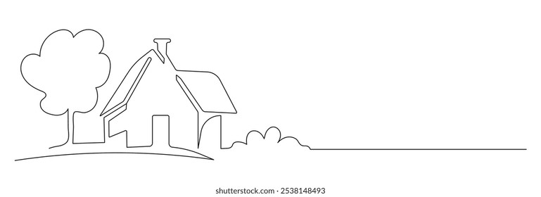 House and garden line art. Building, real estate architecture, apartment. Facade home in country exterior. Vector illustration