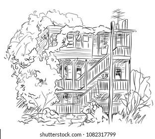 house in the garden lines, vector, white background