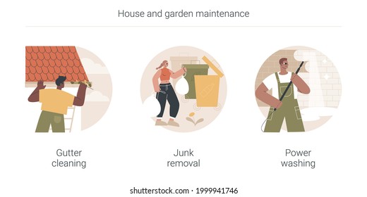 House And Garden Maintenance Abstract Concept Vector Illustration Set. Gutter Cleaning, Junk Removal, Power Washing, Leaf And Moss Removal, Yard Waste Disposal, Remove Dust And Mold Abstract Metaphor.