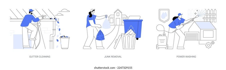 House and garden maintenance abstract concept vector illustration set. Gutter cleaning, junk removal, power washing, leaf and moss removal, yard waste disposal, remove dust and mold abstract metaphor.