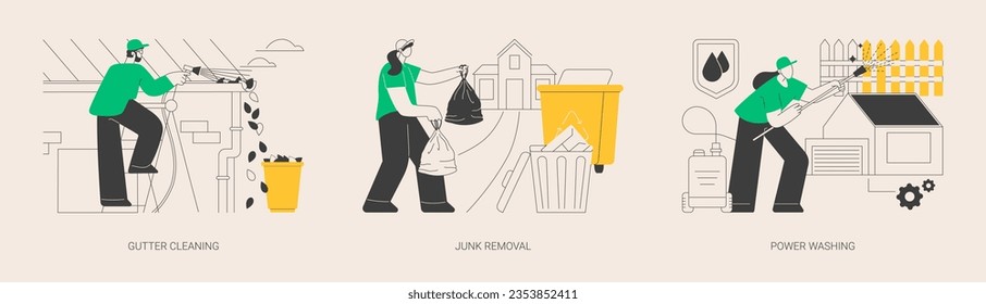 House and garden maintenance abstract concept vector illustration set. Gutter cleaning, junk removal, power washing, leaf and moss removal, yard waste disposal, remove dust and mold abstract metaphor.