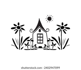 A house in a garden. A naive drawing made by hand. Black and white vector illustration. 