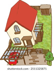 House and garden, new construction, new exterior construction.