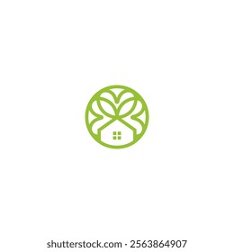 house garden organic logo. minimalist house. abstract home icon. green. eco friendly. living garden. harmony circle shape