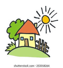 house, garden with pale and tree, sun, landscape, vector illustration