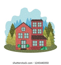 house with garden pine trees and snow falling