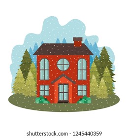 house with garden pine trees and snow falling