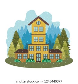 house with garden pine trees and snow falling