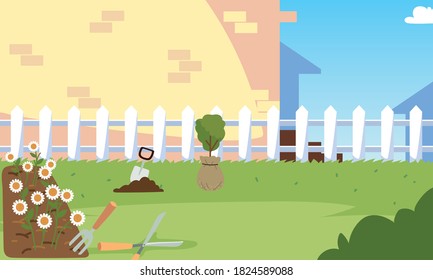 house garden with plant and flowers design, Gardening planting and nature theme Vector illustration