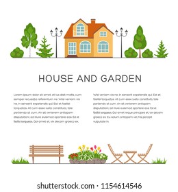House and garden poster, banner, booklet or brochure design template. Vector flat style illustration on white background with place for text. Gardening and landscaping color icons set.