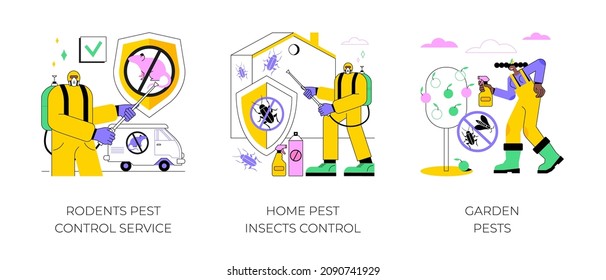 House and garden protection abstract concept vector illustration set. Rodents pest control service, home insects control, garden pests, rats trapping, vermin exterminator abstract metaphor.