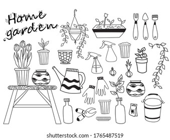 House garden. Set of indoor plants, flowerpots tools. Human Hobby at home at home and in self-isolation. Botanical set - bulbs, pruner, bucket, furniture. Vector line drawings. Hobby at home