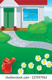House and garden. Vector background of gardening - red Watering Can,  flowers and house