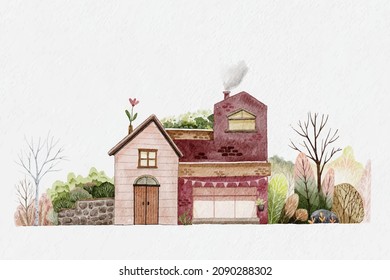 House with garden, Watercolor of wooden mixed with brick house and blooming plant, tree in the garden, Vector illustration Drawing beautiful nature in village for poster, greeting card or background