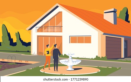 the house in the garden which is a fountain and a pool, the fountain and the pool are dirty,near the fountain are two men communicating with each other and looking at the house,vector,cartoon.