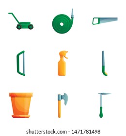 House gardening tools icon set. Cartoon set of 9 house gardening tools vector icons for web design isolated on white background