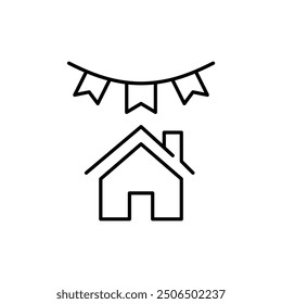 House and garland of flags. Housewarming party. New owners celebration. Pixel perfect vector icon