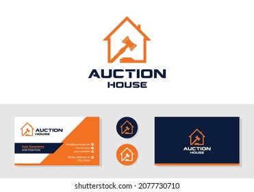 House With Gavel, Auction House Logo And Business Card Design Template