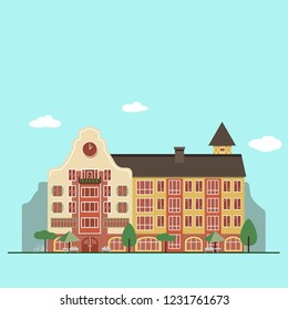 House in German flat style on blue background. Urban landscape. Building facade.