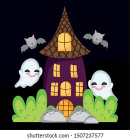house ghost and bats flying halloween