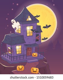house with ghost bats and pumpkin halloween