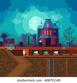 House with the ghosts. Illustration with underground crypt, moonlight night, wrought iron shutters, owl, coffins. Vector flat card.