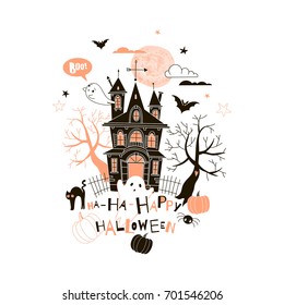 House with ghosts. Kids Halloween  illustration. Vector graphics for party invitation, holiday greetings, prints, posters, flyers
