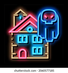 house with ghosts neon light sign vector. Glowing bright icon house with ghosts sign. transparent symbol illustration