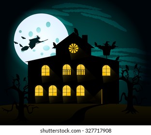 House with the ghosts. Old mansion in the background of the moon. Witch on a broom, a scarecrow, crows, bats. Vector illustration.