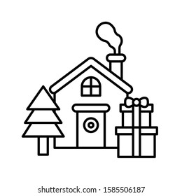 House with gift box vector, Christmas day related line icon