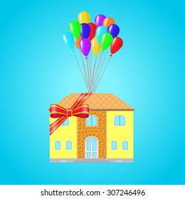 house as a gift tied with a ribbon with a bow on the balloons on a white background 