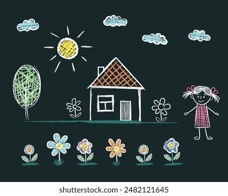 House, girl, sun, tree, flowers. Drawings made by a child's hand with chalk on asphalt or a blackboard. White lines and colors on a dark background