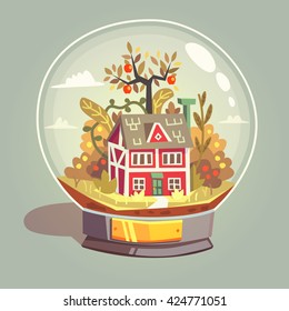House in glass globe. Vector illustration.