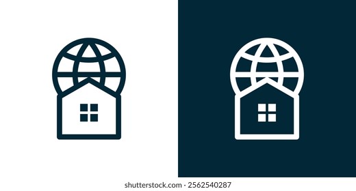 House and globe combination logo, house and globe line art logo
