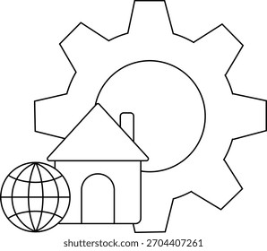 Ein Haus und ein Globus vor einer Ausrüstung, alles im Umrissstil