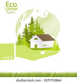 House, globe, wood on hand. Logo design template for the forest and the house. Building vector silhouette. The concept of ecology, to save the planet. Eco friendly. Environmentally friendly world.