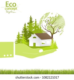 House, globe, wood on hand. Logo design template for the forest and the house. Building vector silhouette. The concept of ecology, to save the planet. Eco friendly. Environmentally friendly world.
