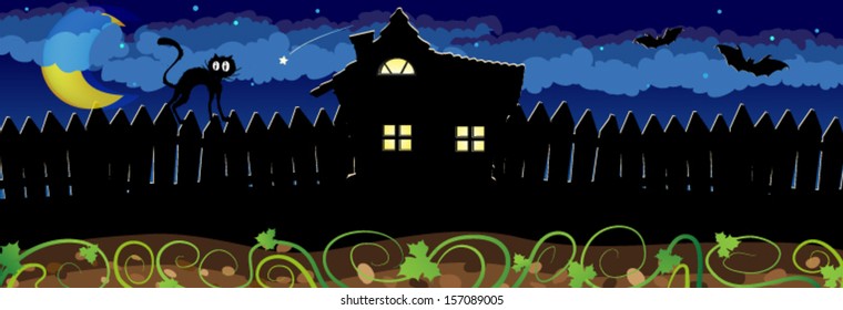 House with glowing windows and stray cat on the fence. Halloween night scene